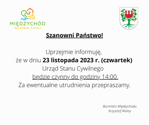 Szanowni Państwo! Uprzejmie informuję, że w dniu 15 kwietnia 2021 roku od godz. 1400 oraz 16 kwietnia 2021 roku Urząd Stanu Cywilnego będzie nieczynny. Za ewentualne utrudnienia przepraszamy..png